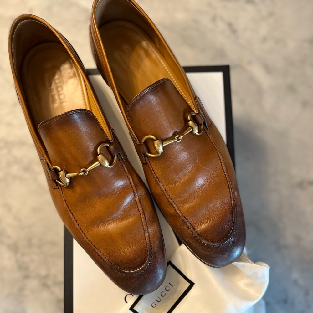 Mens brown Gucci Jordaan Leather loafer Moccasin Shoes in Size 44 horsebit